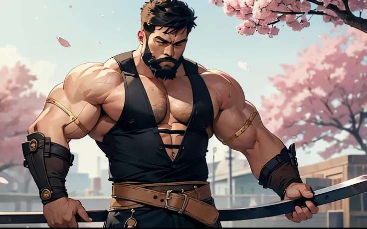 Masterpiece, Best Quality, Ultra-Detailed, 1man, mature male, 28 years old, big, strong, hunk, bara, jock, large shoulders, large chest, abs, huge biceps, huge arms, huge forearms, beard, thick beard, full beard, beautiful eyes, detailed eyes, very beautif...