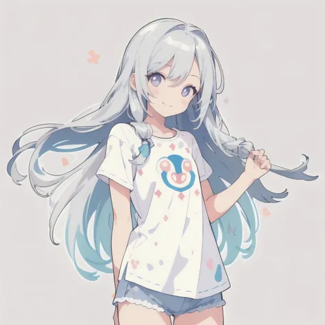 masterpiece, best quality, solo, 1girl, happy, smile, (silver long hair, long hair) and (silver eyes), (summer casual and cute clothes), (((bold outline))), Vector art, (no background)