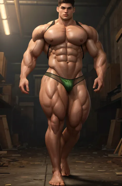 tall muscular Piers Nivans. 20 years olds. Young face. walking through a dark creepy laboratory with green lights. Muscular bodies, Wearing a small thong and a net mesh crop top and miletary gear. Smooth body and face. long legs. barefoot, big bulge in tho...