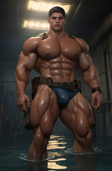 tall muscular Piers Nivans. 20 years olds. Young face. investigating a dark creepy sci fi laboratory with green lights. big and wide Muscular bodies, Wearing a small thong and a belt with military gear. Smooth body and face. long legs. barefoot, big bulge ...