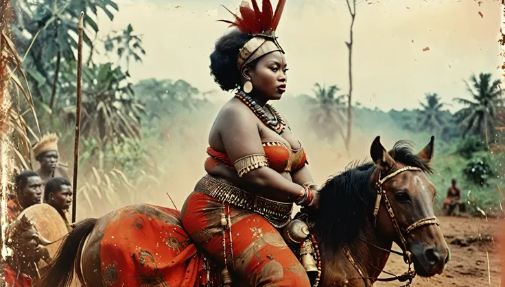 very old photo style, vintage shot, studio portrait of an (fat African goddess) ((mouting)) a bufallo, ((riding a bufallo)), a wearing red African warrior clothes, queen, fat, ((thick body)), detailed, vintage destroyed photography, intricate detail, very ...