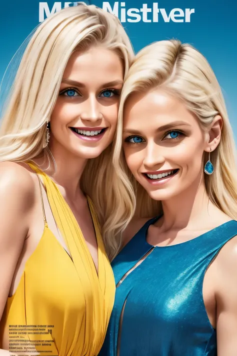 A mother and daughter yellow hair blue eyes on a magazine cover, vibrant colors, high-resolution, realistic portrayal, fashion-forward, loving bond, trendy attire, captivating smiles, natural beauty, professional lighting, contemporary style, artistic comp...