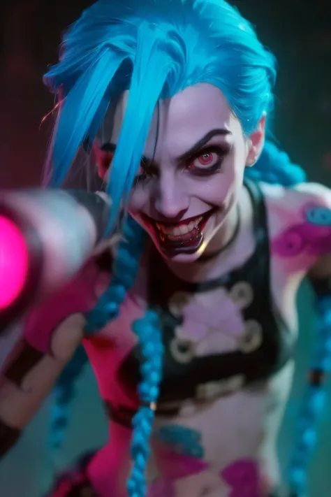 hyper realistic super detailed jinx cosplay ,(( young girl, 15 years old)) , very detailed, (hyper realistic: 1.4), ((in dynamic...