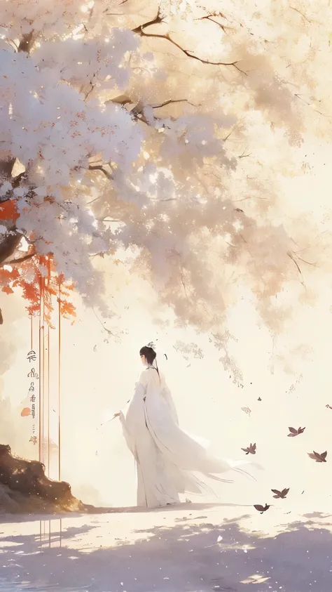 A woman in a white dress stands under a tree, palace ， a girl in Hanfu, A beautiful artistic illustration, flowing white robe, white Hanfu, artwork in the style of Gu Weiss, Gu Weiss masterpiece, Chinese watercolor style, Gu Weiss, Tranquility illustration...