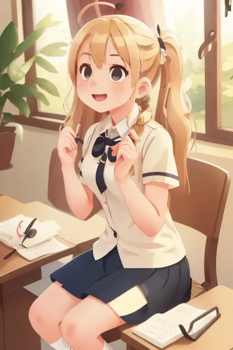 (extremely detailed CG unity 8k wallpaper,masterpiece, best quality, ultra-detailed),school classroom setting,sunlight filtering through trees,beautiful blonde high school girl with twintails and ahoge(D-cup),smartphone in hand,fidgeting with it,beautiful ...