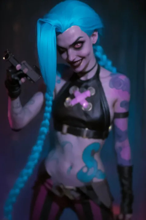 Hyper realistic super detailed Jinx cosplay ,(( Young girl, 15 years old)) , Very detailed, (hyper realistic: 1.4), ((in dynamic pose holding a gun on hand)) , ((angry face)) , twin braids, long hair, blue hair, red eyes, (((blue tattoo on arm))) , ((skinn...