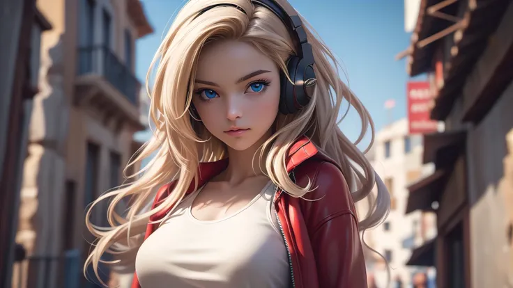 highly detailed, cinematic film still, a sexy girl, long blond hair, blue eyes, busty, white tank top, red jacket, black leather...