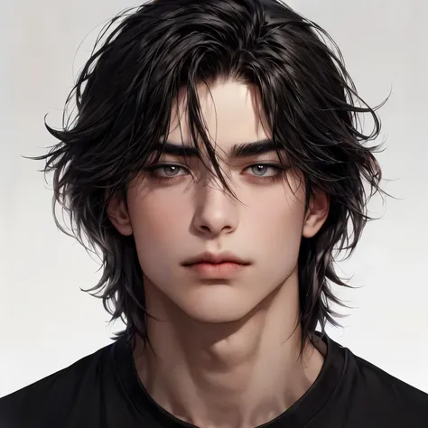 "((1 man)), a striking young man in his 20s, with slightly wavy, dark brown hair that falls just above his shoulders, framing his face in soft layers. He has a calm and composed expression with almond-shaped, warm brown eyes that exude both intensity and g...