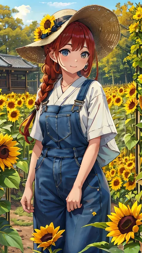 Vast sunflower field，Midsummer Sun，Braided Hair，Redhead，Dark blue overalls，Latest Design，Happy smile，Laugh a lot，Laugh heartily，Full Body Shot，Japanese，Young Girl, well-shaped eyebrows , Beautiful details, Big Eyes，Straw hat，Natural Makeup, Highly detailed...