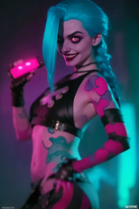 Hyper realistic super detailed Jinx cosplay ,(( Young girl, 15 years old)) , Very detailed, (hyper realistic: 1.4), ((in dynamic pose holding a pistol on hand)) , ((angry face)) , twin braids, long hair, blue hair, red eyes, (((blue tattoo on arm))) , ((sk...