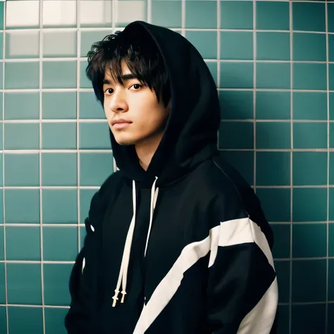 Highest quality, 1 beautiful man, 28 years old, S, 35mm lens, debt/1, Cowboy Shot, Specific Background、Tile Background、黒のhoodie/hoodie、Black-haired、Tile wall,debtrom below、Short-haired、But in Japan