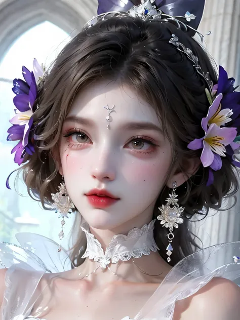 One was wearing a silver dress、Close-up of woman with flowers in hair, Big earrings and queer make up, Ethereal beauty, Fairy eyes, Giant earrings, Exquisite and sexy makeup, 2020 fashion, Big earrings, Big earrings, Fairy Tale Core, Ethereal!!! Surrealism...