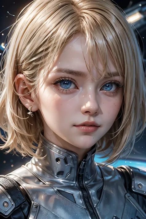 Upper body close-up image. A beautiful woman. Blonde hair and blue eyes. She is looking at the camera with a defiant expression. She is 22 years old. She wears a shiny silver combat uniform. Space behind her