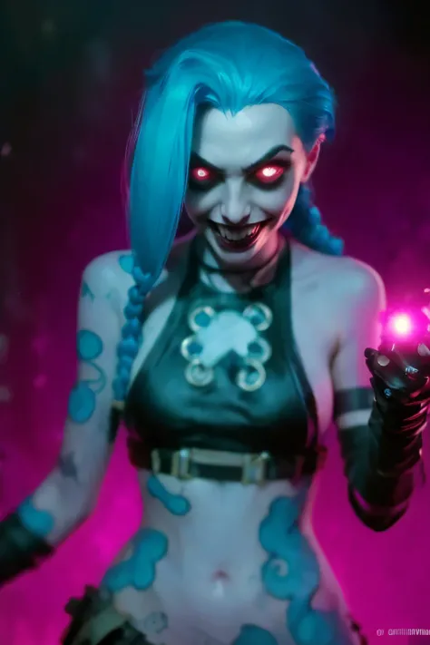 Hyper realistic super detailed Jinx cosplay ,(( Young girl, 15 years old)) , Very detailed, (hyper realistic: 1.4), ((in dynamic pose holding a pistol on hand)) , ((angry face)) , twin braids, long hair, blue hair, red eyes, (((blue tattoo on arm))) , ((sk...