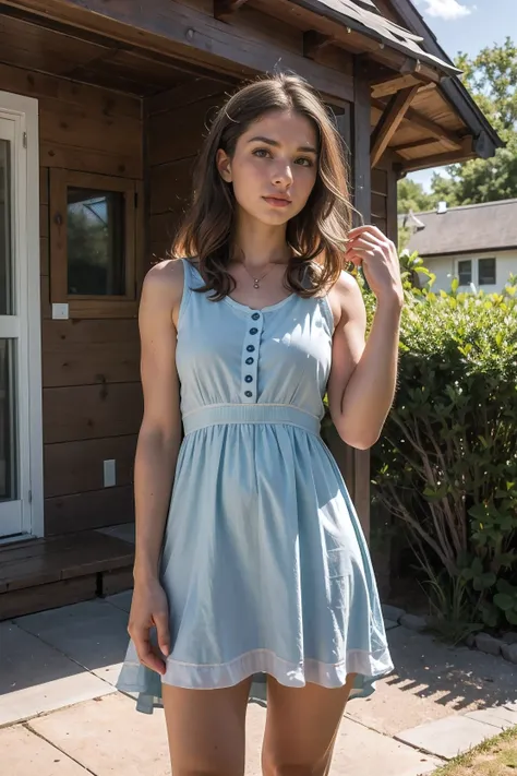 A beautiful woman with light delicately filtering through her hair, her summer dress is beautiful and shes standing in front of a cottage