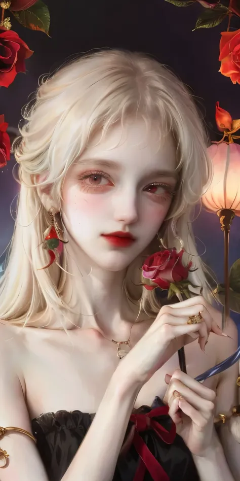 (best quality, masterpiece), (1 Girl, Solitary, Black skirt, permanent , Looking at the audience, White hair, Red Eyes, Holding a rose, Shut up, Upper Body), (There is a red dream catcher behind, safflower, )