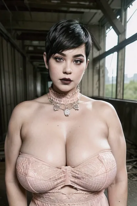 ((GOTH GIRL BLACK LIPS)), (((SHORT HAIRCUT))), A girl with a very fat bbw body naked in the middle of a dilapidated bridge, ((NECK LACE)), ((NAKED PINK)), ((BIGGER:2.1))