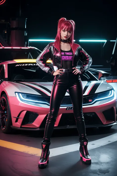 A girl posing in front of a neon-lit sports car. They are wearing bright, colorful outfits with a futuristic, cyberpunk aesthetic. The overall mood is playful and energetic. Silver boots, red maroon hair ponytail with bangs, jean Paul Gaultier, clut studio