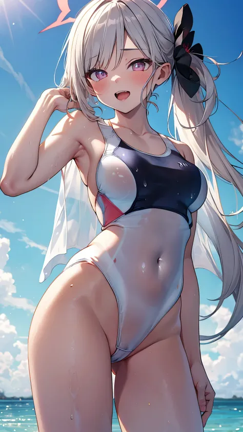 1girl,mutsukidef,(chibi:1.2),gray hair,long hair,side ponytail,(white competition swimsuit,see through:2.0),erect nipples,wet,sweat,Hair Ornaments,halo,(upper body:1.3),open mouth, embarrassed ,blush,(cameltoe:1.3),masterpiece,Noise Reduction,perfect anato...