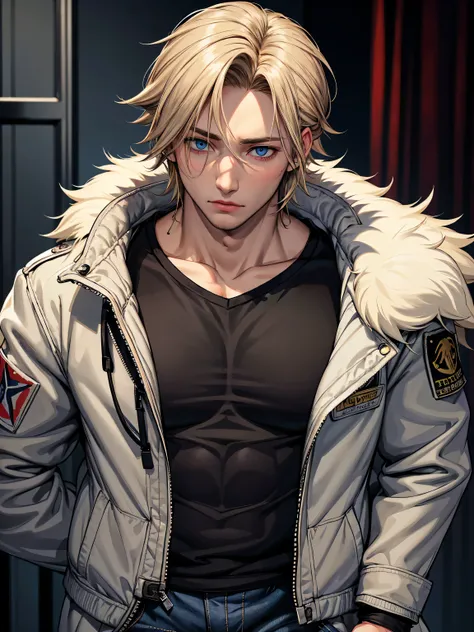 1boy, (Name: Alex Hendry), Blonde,Mullet Hair 1:3, Handsome, Cool, Sherpa Furry Jacket, In a Dark Hospital, Detailed, , Jeans, Perfect Eyes, Silent Hills Vibes, Perfect Face