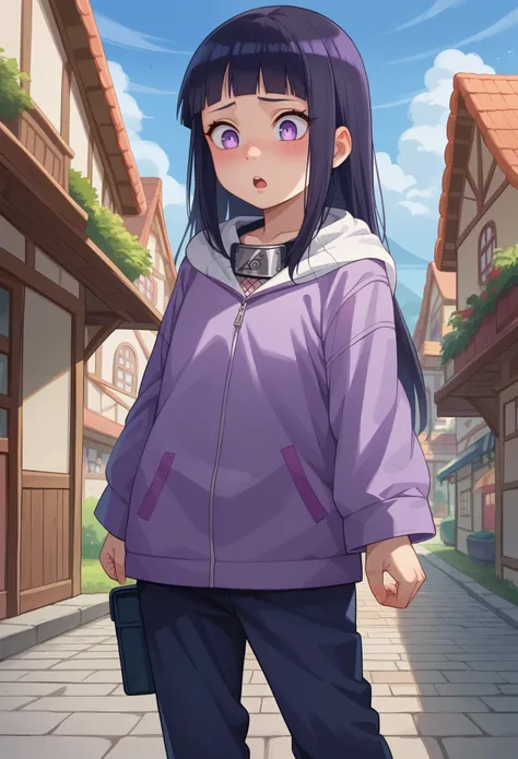 score_9, score_8_up, score_7_up, 1girl solo, (loli:1.5), kid, flat chest, oversized clothes, hinataSDXL, long hair, black hair, purple eyes, skinny, white eyes, pants, purple jacket, hood, forehead protector, konohagakure symbol, hyuuga hinata, shaking, st...