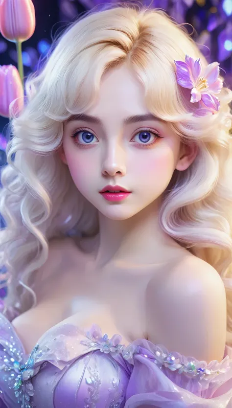 masterpiece，Dazzling colorful lights，Extremely detailed，A girl，big eyes，tulip，Extra long curly hair，White-blond hair，A fascinating adventure，Radiant Lips，Close-up of face，Off-shoulder，Dreamy and beautiful，The rich colors of the characters，Delicate brushstr...