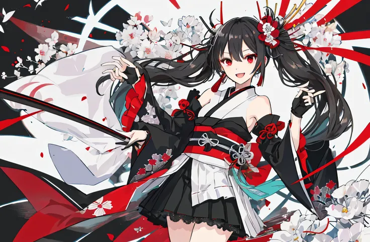 1girl, hatsune miku, solo, gloves, long hair,  twintails, flower, japanese clothes, hair ornament, white background, holding, very long hair, black gloves, lace gloves, simple background, hair flower, kimono, lace, open mouth, red flower, wide sleeves, sas...