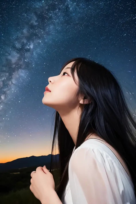 A girl with long black hair is looking up at the starry sky、Dressed in a white dress