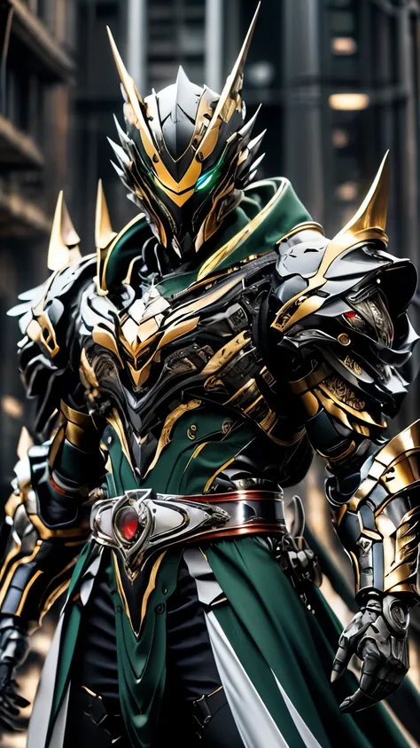 フルフェイスヘルメットをかぶったmale性, fantasy-inspired biotechnological armored battle suit, green eyes, (composite layered chest armor), fully...