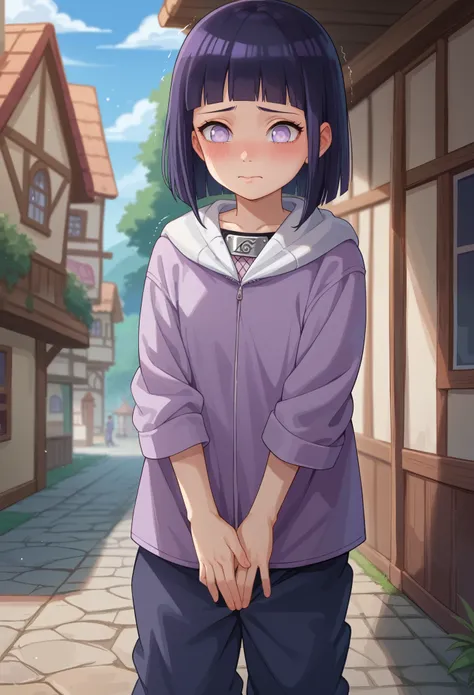 score_9, score_8_up, score_7_up, 1girl solo, (loli:1.5), kid, flat chest, oversized clothes, hinataSDXL, medium hair, black hair, purple eyes, skinny, white eyes, pants, purple jacket, hood, long sleeves, no pants, forehead protector, konohagakure symbol, ...