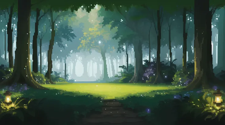 (top quality, high quality, highly detailed, masterpiece), pixel art background of a magical jungle clearing for a 2D game. The scene should feature a small, open area surrounded by ancient, pixelated trees with thick roots and hanging vines. In the center...