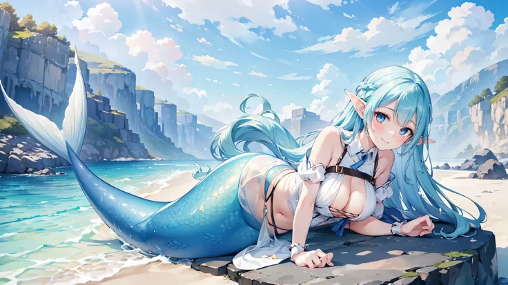 masterpiece, best quality,a girl,blue hair,white dress,ahog,blue eyes, elf ears,solitary,large breasts,mermaid,蓝色的mermaid尾巴,full...