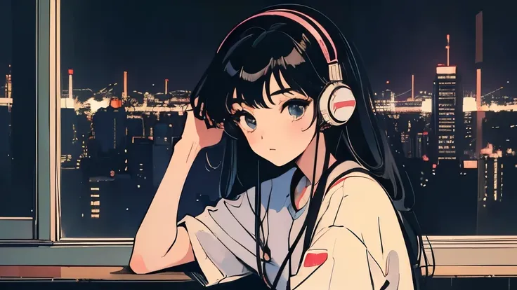 masterpiece, highest quality, a girl sitting by a window at night, wearing headphones and gazing at the tokyo skyline,night view...