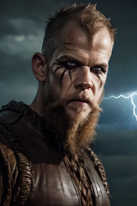 Hyper realistic, ultra detailed, ((cinematic poster)) of Floki a viking warrior, ((old man, 50 years old, skinny, black makeup on eyes, beard)) , ultra realistic, skin texture, cinematic lighting. (((Cinematic thunder background))) .