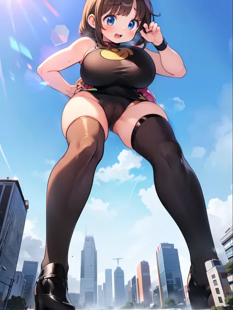 1 girl，Blushing，embarrased, crouching, (((female giant)))，Giantess art, Giantess, The girl is 50 meters tall，((Full body shot)), ((Sexy anime girl)), ((Sexy leotard)), ((Tight Swimsuit)), ((cameltoe)), 1 anime girl, ((Straight long brown hair)), standing i...