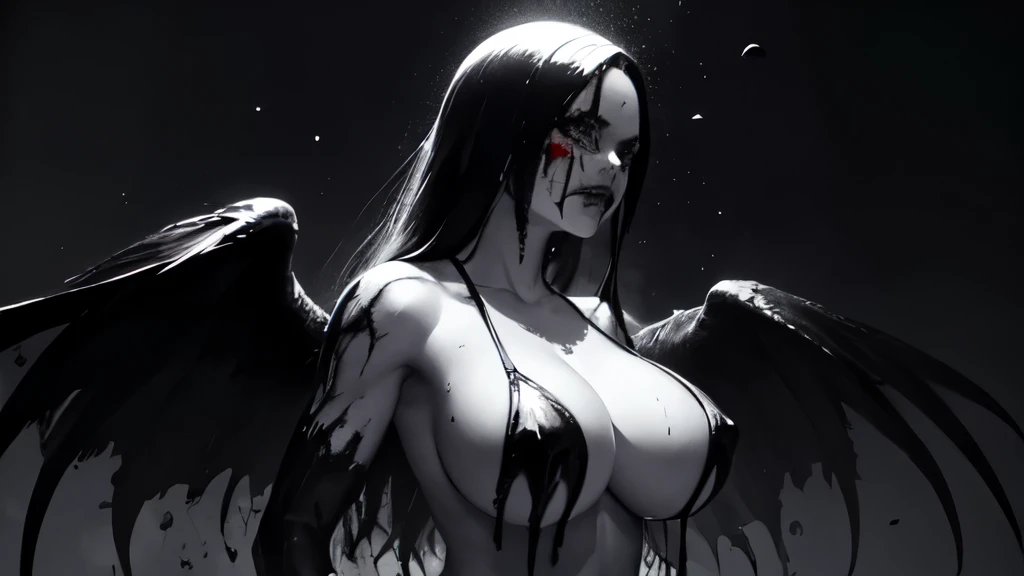 bs, solo, simple background, upper body, monochrome, greyscale, bodysuit, black background, 1other, monster, arms at sides, horror (theme) there is a large-breasted woman in the picture with her arms torn off and her face bleeding, ravens flying in the bac...