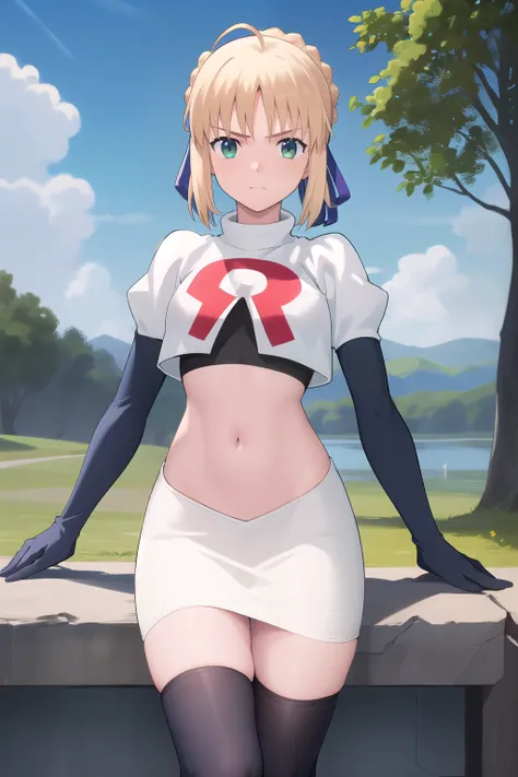 best quality, masterpiece, phSaber, phAltoria, 1girl, solo, blue ribbon, looking at viewer, french braid, hair bun, short hair, outdoors, team rocket,team rocket uniform,white skirt,red letter R,crop top,black thigh-highs,black elbow gloves