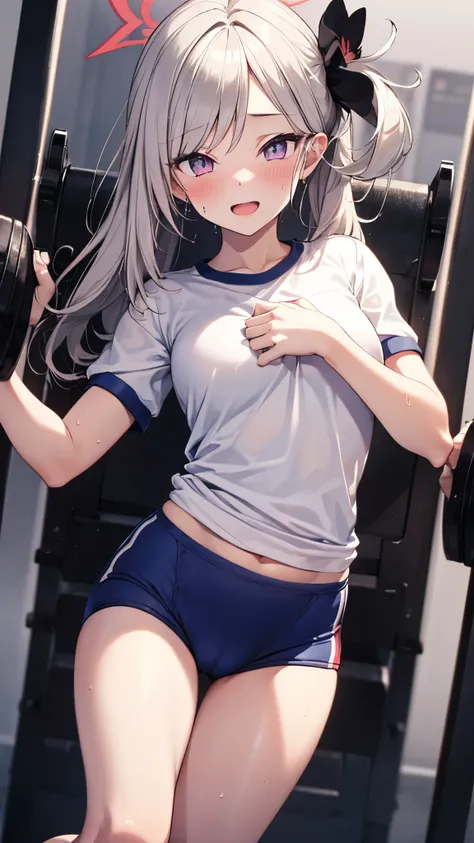 1girl,mutsukidef,(chibi:1.2),gray hair,long hair,side ponytail, (white gym shirt, short sleeve,gym uniform,dark blue buruma:1.3),wet,sweat,Hair Ornaments,halo,open mouth, embarrassed ,blush,(cameltoe:1.3),masterpiece,Noise Reduction,perfect anatomy,high re...