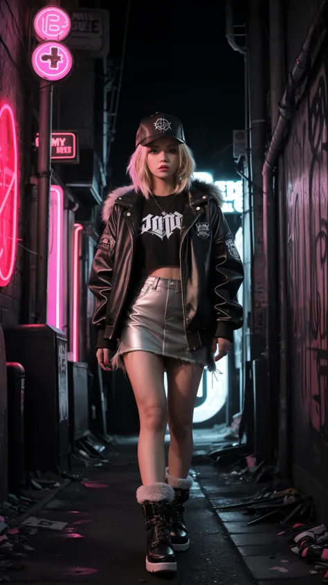 A girl posing in a grungy, neon-lit urban alleyway. Blonde wolfcut hair, The girls wear edgy streetwear, faux fur hacket, fur boots, baseball cap, and skirt. The alleyway is dark and atmospheric, with graffiti-covered walls and glowing neon signs, grungy a...