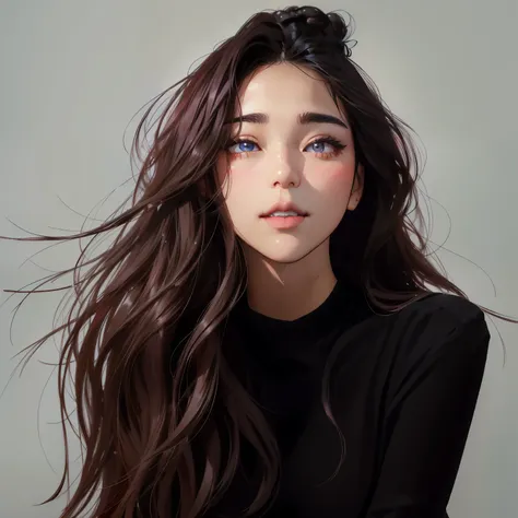 Close up of a woman with long hair and a black top, Ilya Kuvshinov com Cabelo Longo, Asian girl with long hair, 귀여운 소녀의 realistic 그림,  korean, realistic digital painting, Mulher korean, Beautiful digital illustration, Mulher sul-korean bonita, Korean write...