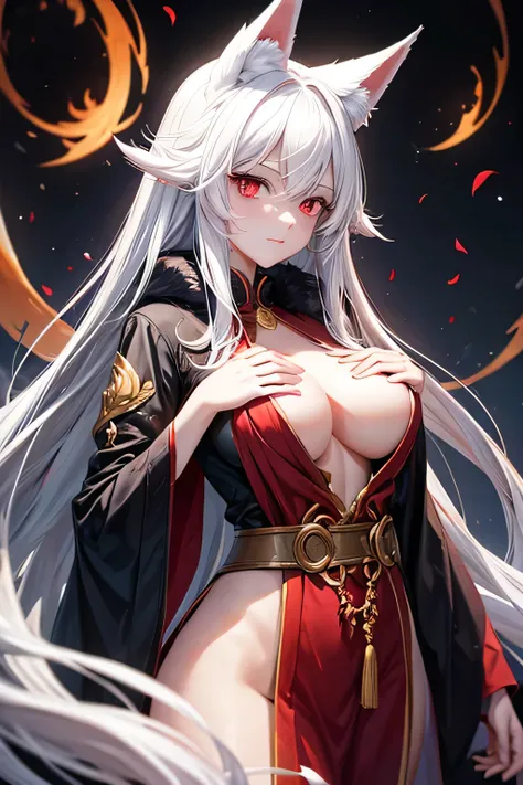 Woman, long white hair, red eyes, fox ears, chest