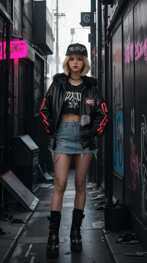 a girl posing in a grungy, neon-lit urban alleyway. blonde wolfcut hair, the girls wear edgy streetwear, faux fur hacket, fur bo...