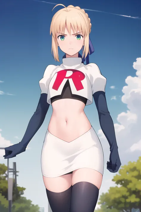 best quality, masterpiece, phSaber, phAltoria, 1girl, solo, blue ribbon, looking at viewer, french braid, hair bun, short hair, outdoors, team rocket,team rocket uniform,white skirt,red letter R,crop top,black thigh-highs,black elbow gloves