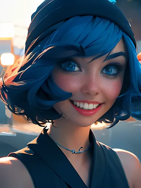 Masterpiece, best quality, high quality, very detailed CG uniform 8k wallpaper, 1girl, solo, blue hair, tattoo, short hair, hat, jewelry, smile, necklace, looking at the audience, hat, realistic, open mouth, teeth, upper body, vest, nose, bare shoulders, a...