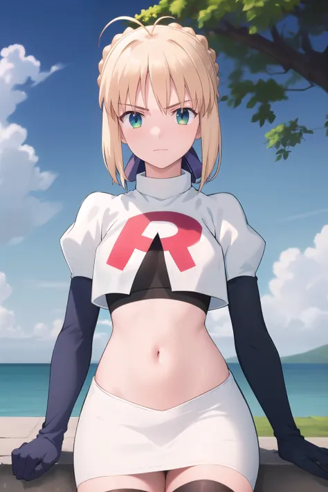 best quality, masterpiece, phSaber, phAltoria, 1girl, solo, blue ribbon, looking at viewer, french braid, hair bun, short hair, outdoors, team rocket,team rocket uniform,white skirt,red letter R,crop top,black thigh-highs,black elbow gloves