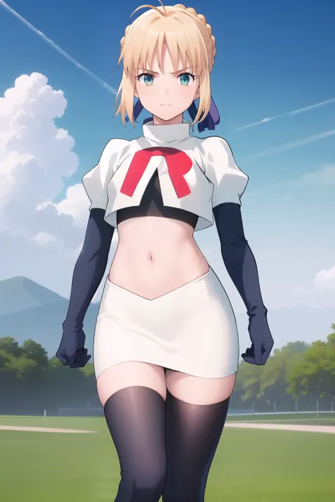 best quality, masterpiece, phSaber, phAltoria, 1girl, solo, blue ribbon, looking at viewer, french braid, hair bun, short hair, outdoors, team rocket,team rocket uniform,white skirt,red letter R,crop top,black thigh-highs,black elbow gloves