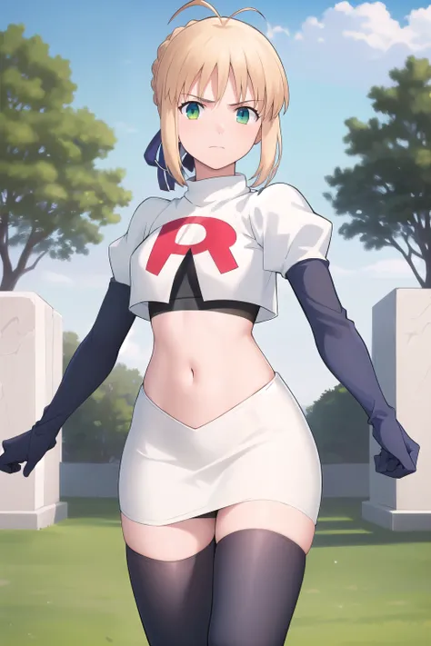 best quality, masterpiece, phSaber, phAltoria, 1girl, solo, blue ribbon, looking at viewer, french braid, hair bun, short hair, outdoors, team rocket,team rocket uniform,white skirt,red letter R,crop top,black thigh-highs,black elbow gloves