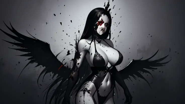 bs, solo, simple background, monochrome, greyscale, bodysuit, black background, 1other, monster, arms at sides, horror (theme) there is a large-breasted woman in the picture with her arms torn off and her face bleeding, ravens flying in the background, sto...