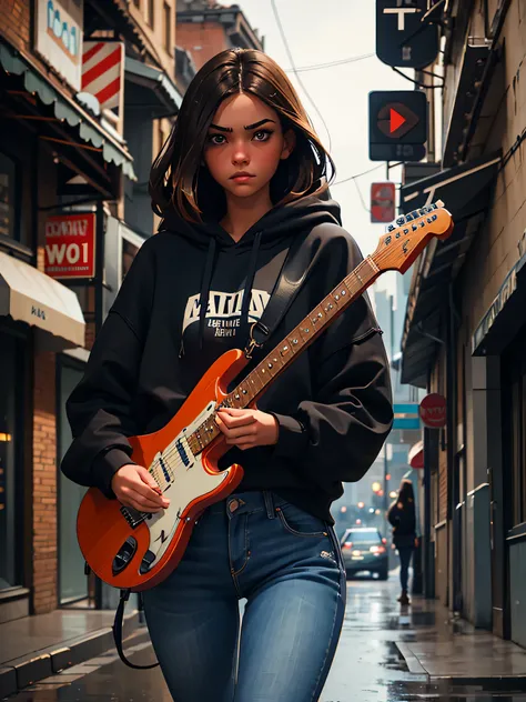 a pretty young brunette girl, 22 years old, wearing a black hoodie and blue jeans, walking down an urban street, pensive and slightly sad expression, detailed facial features, detailed eyes and lips, intricate urban background, moody lighting, cinematic co...