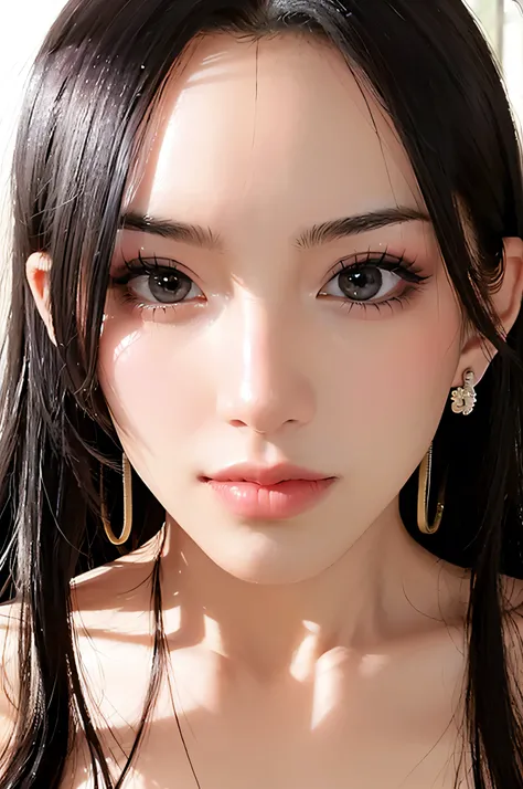 A masterpie、best qulaity、ultra-highres、（20yo,Mature cool and beautiful face）、(photo realistic image:1.4)、((1girls、White fair skin:1.4、19-year-old、spotless、a Pretty、black haired、Bangs、Big breastassive underboob、chests、Expose muscles、Sweat muscles, (((Boa Ha...